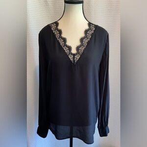 Women’s SET black silk blouse with lace neckline size small - medium‎